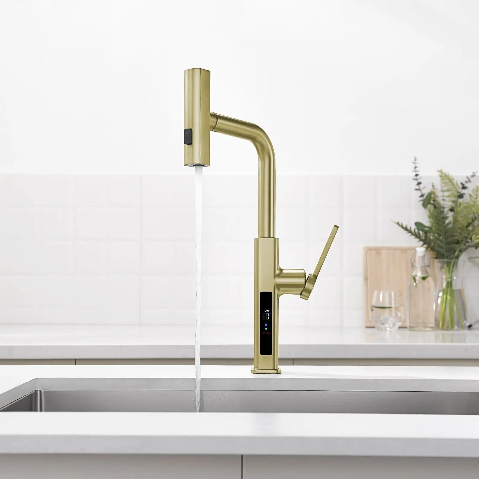 Loraven Temperature Display Kitchen Faucet with Waterfall and Pull-Out Features-KF001