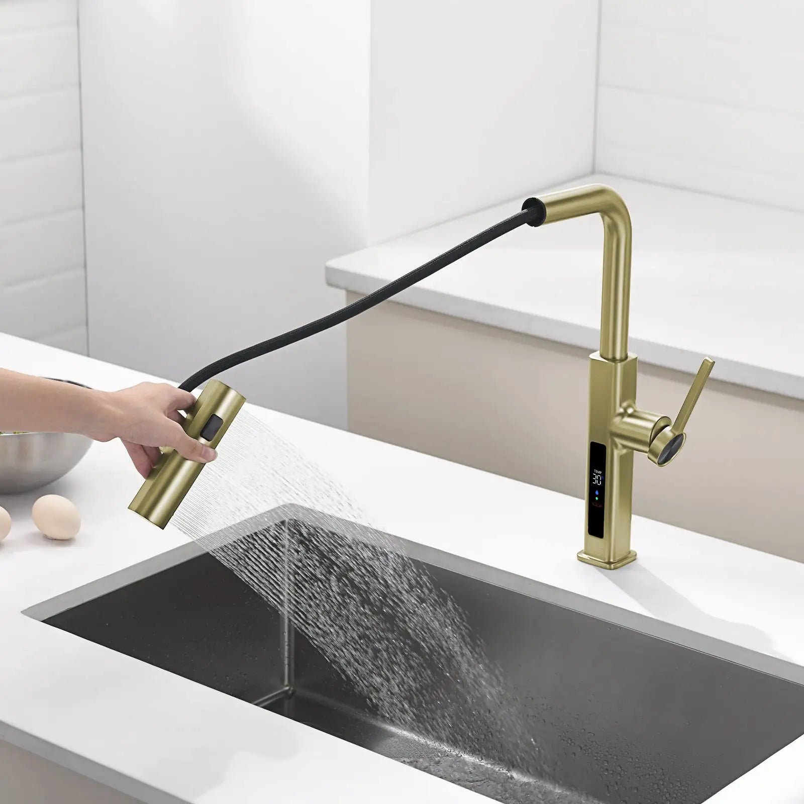 Loraven Temperature Display Kitchen Faucet with Waterfall and Pull-Out Features-KF001
