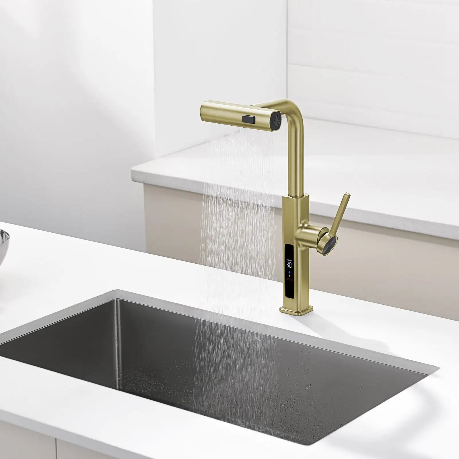Loraven Temperature Display Kitchen Faucet with Waterfall and Pull-Out Features-KF001