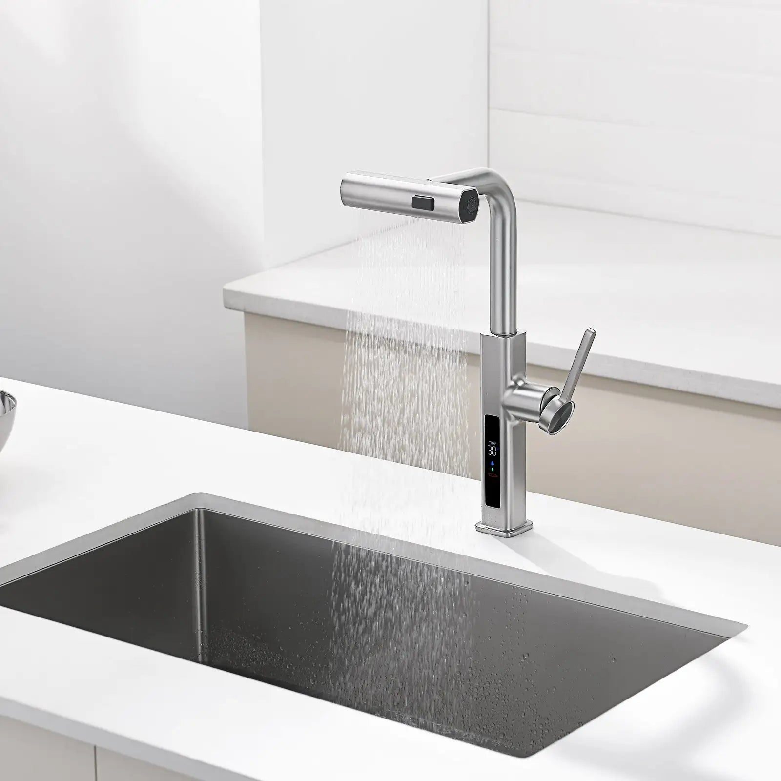 Loraven Temperature Display Kitchen Faucet with Waterfall and Pull-Out Features-KF001
