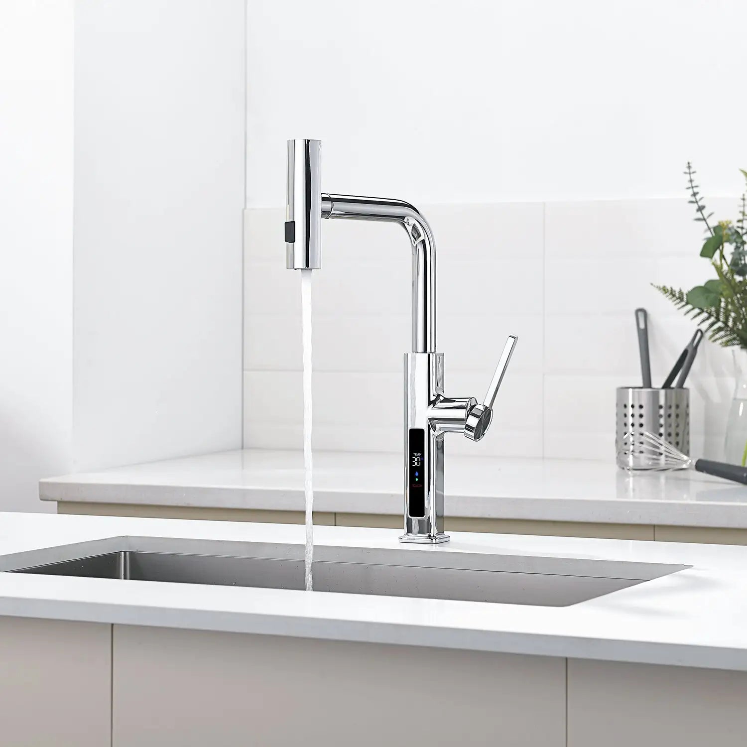 Loraven Temperature Display Kitchen Faucet with Waterfall and Pull-Out Features-KF001