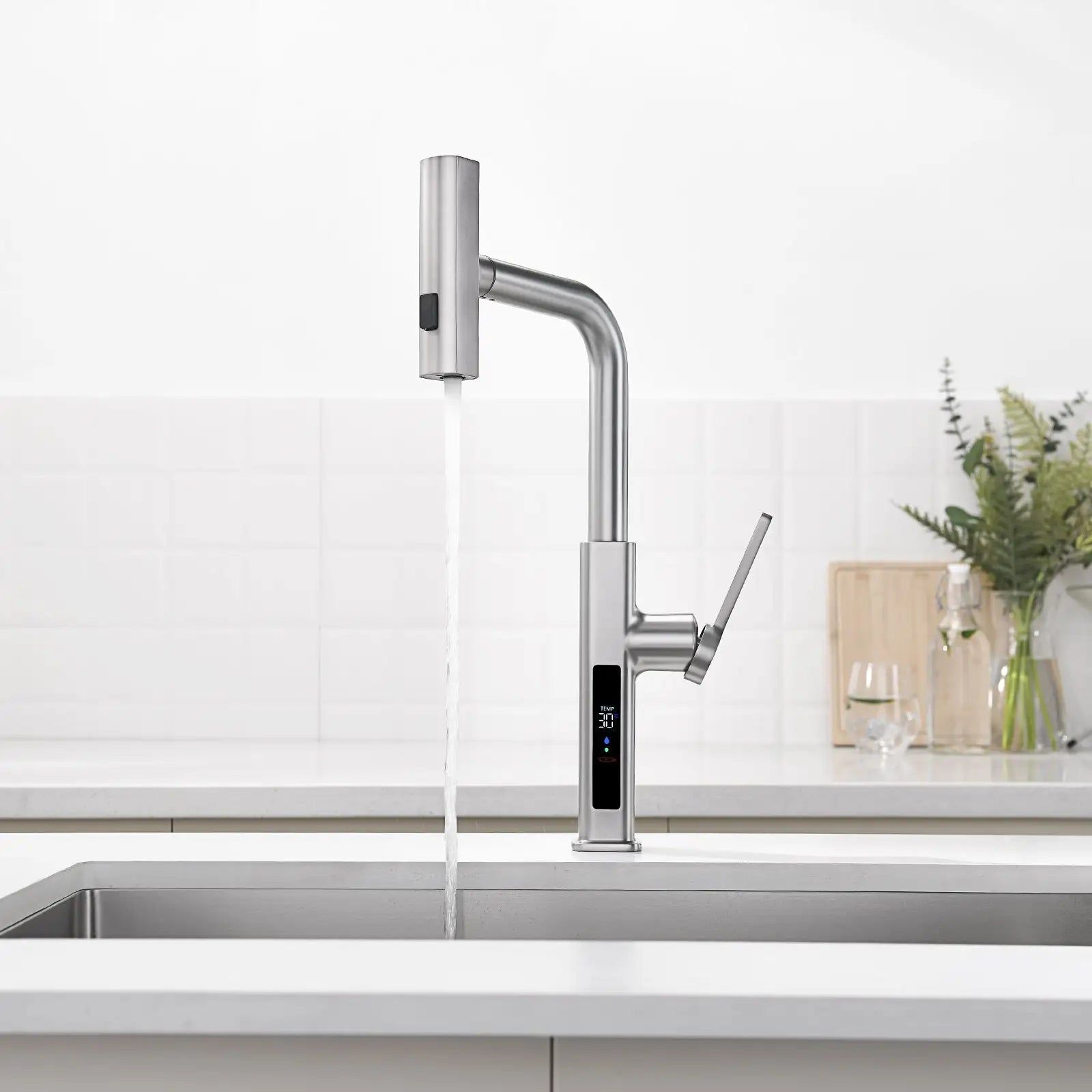 Loraven Temperature Display Kitchen Faucet with Waterfall and Pull-Out Features-KF001