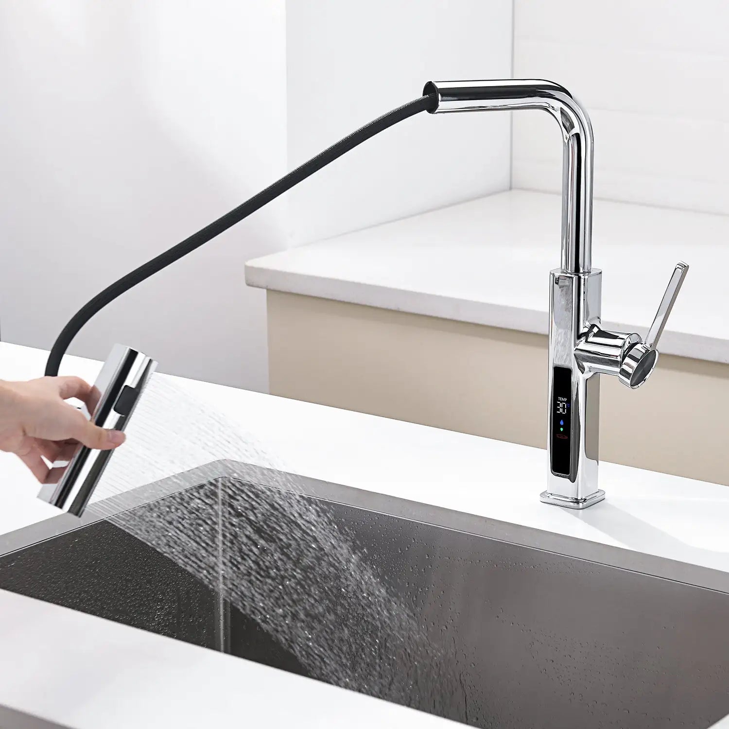 Loraven Temperature Display Kitchen Faucet with Waterfall and Pull-Out Features-KF001