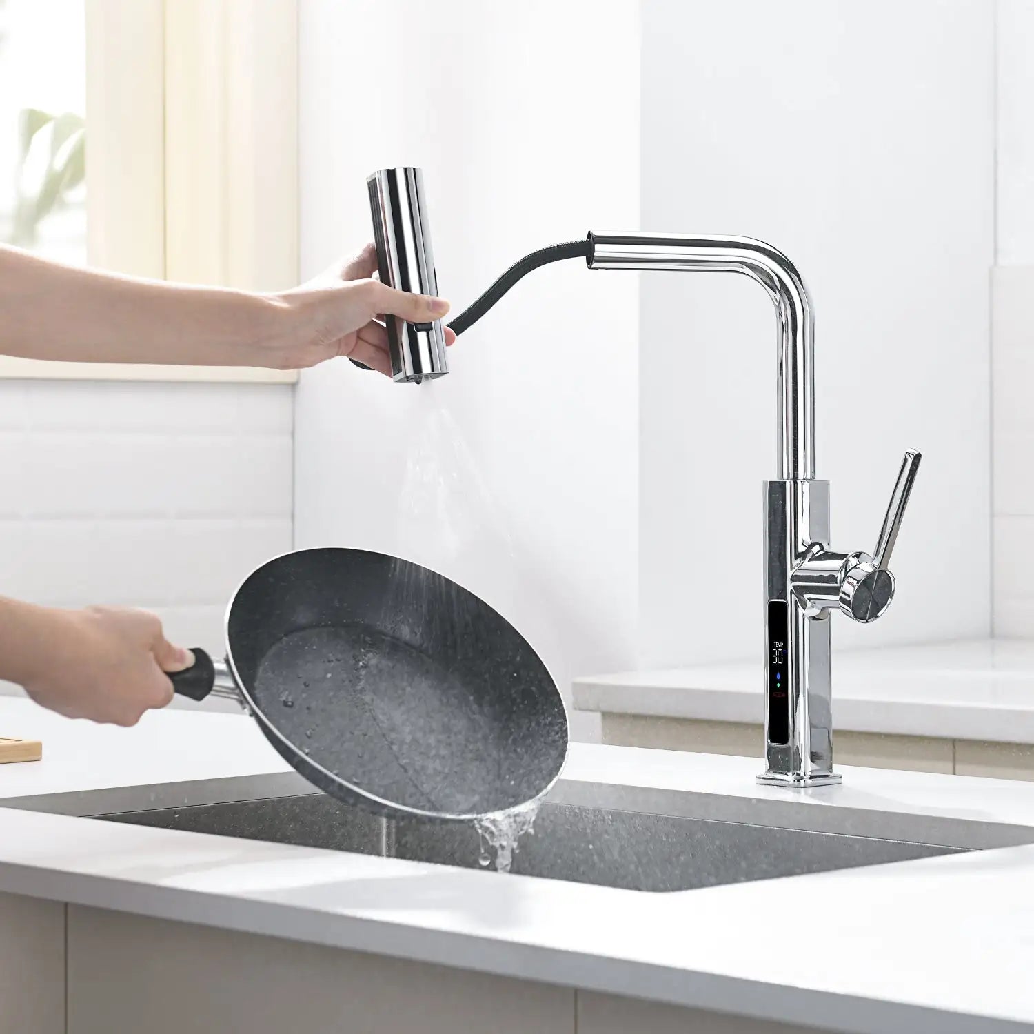 Loraven Temperature Display Kitchen Faucet with Waterfall and Pull-Out Features-KF001