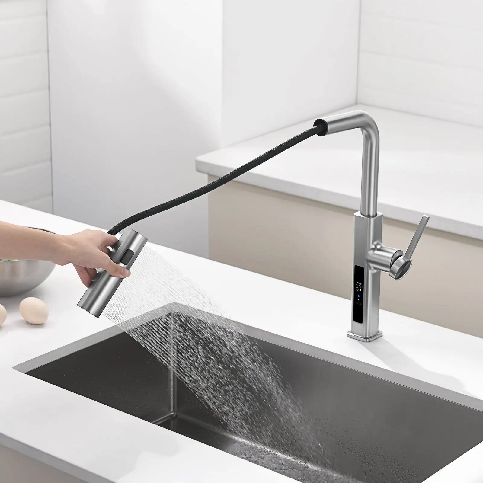 Loraven Temperature Display Kitchen Faucet with Waterfall and Pull-Out Features-KF001