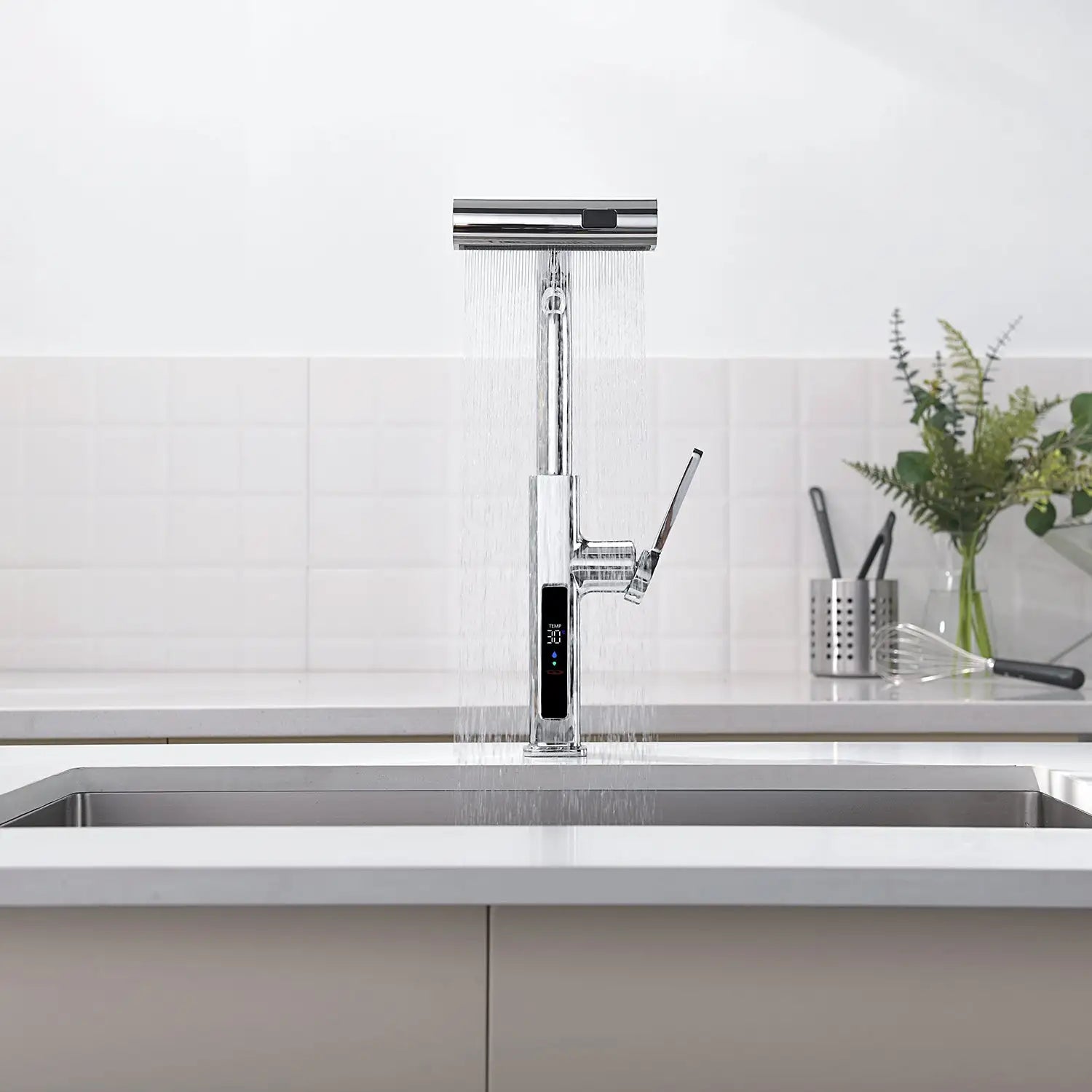 Loraven Temperature Display Kitchen Faucet with Waterfall and Pull-Out Features-KF001