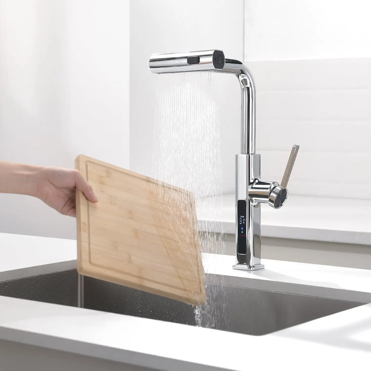 Loraven Temperature Display Kitchen Faucet with Waterfall and Pull-Out Features-KF001
