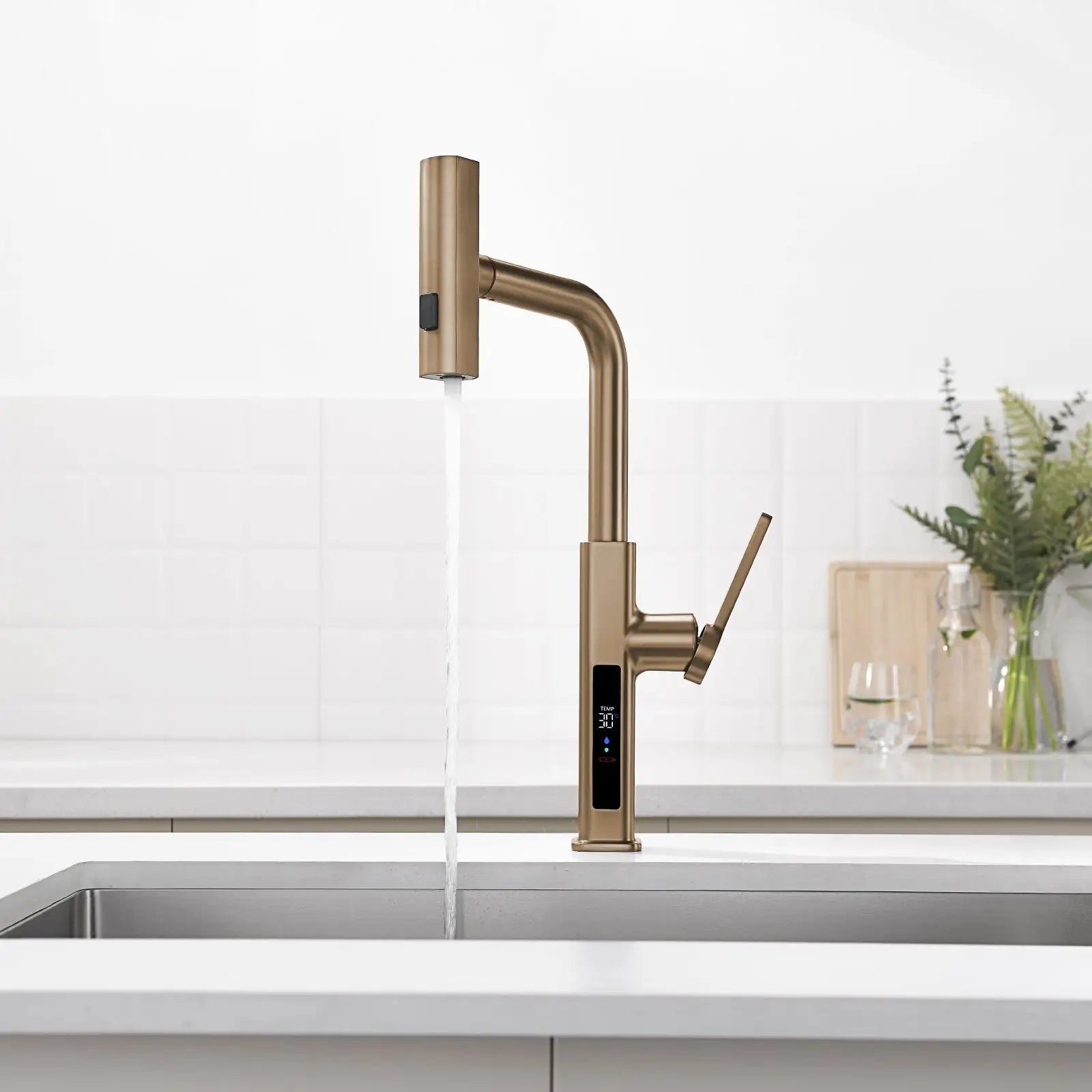 Loraven Temperature Display Kitchen Faucet with Waterfall and Pull-Out Features-KF001