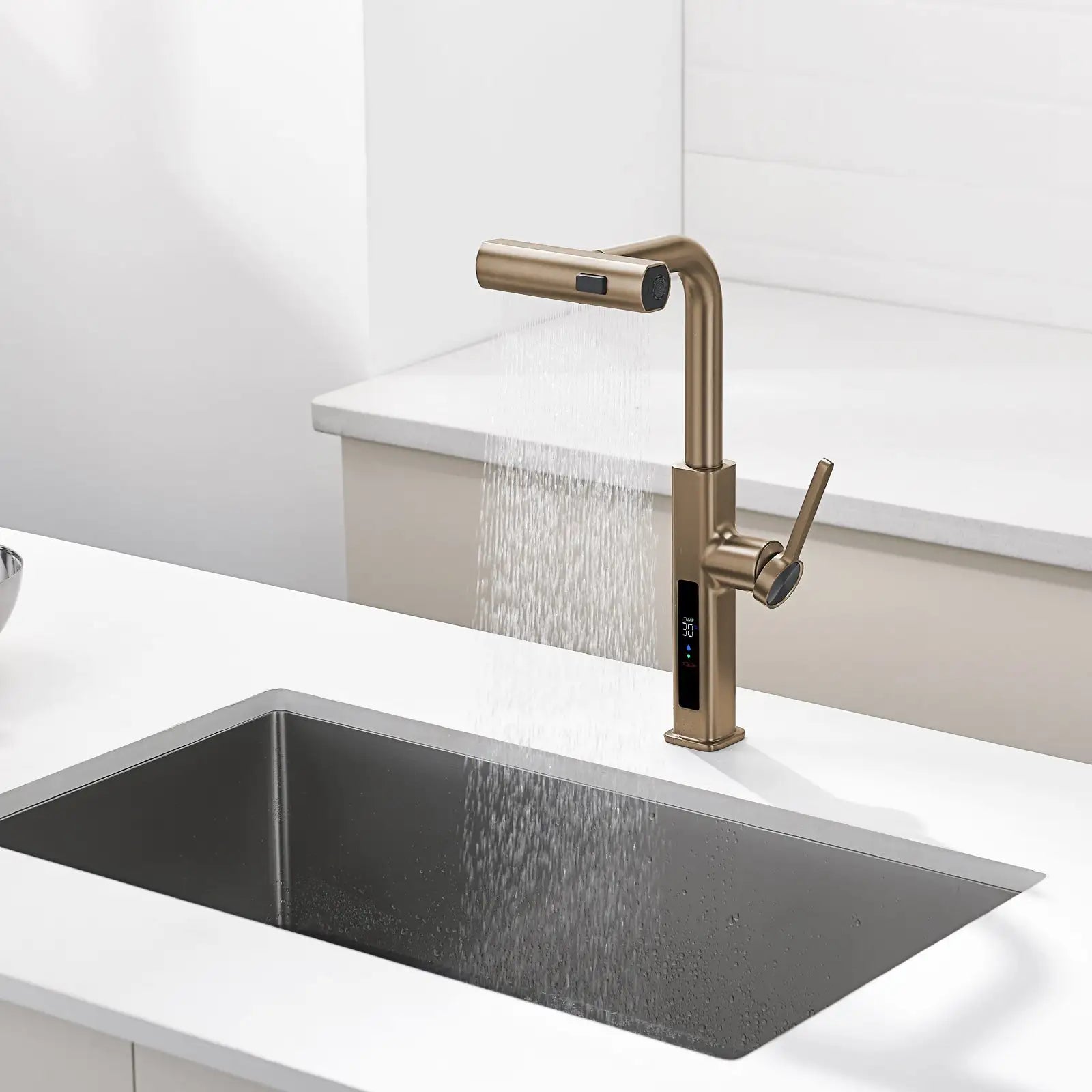 Loraven Temperature Display Kitchen Faucet with Waterfall and Pull-Out Features-KF001