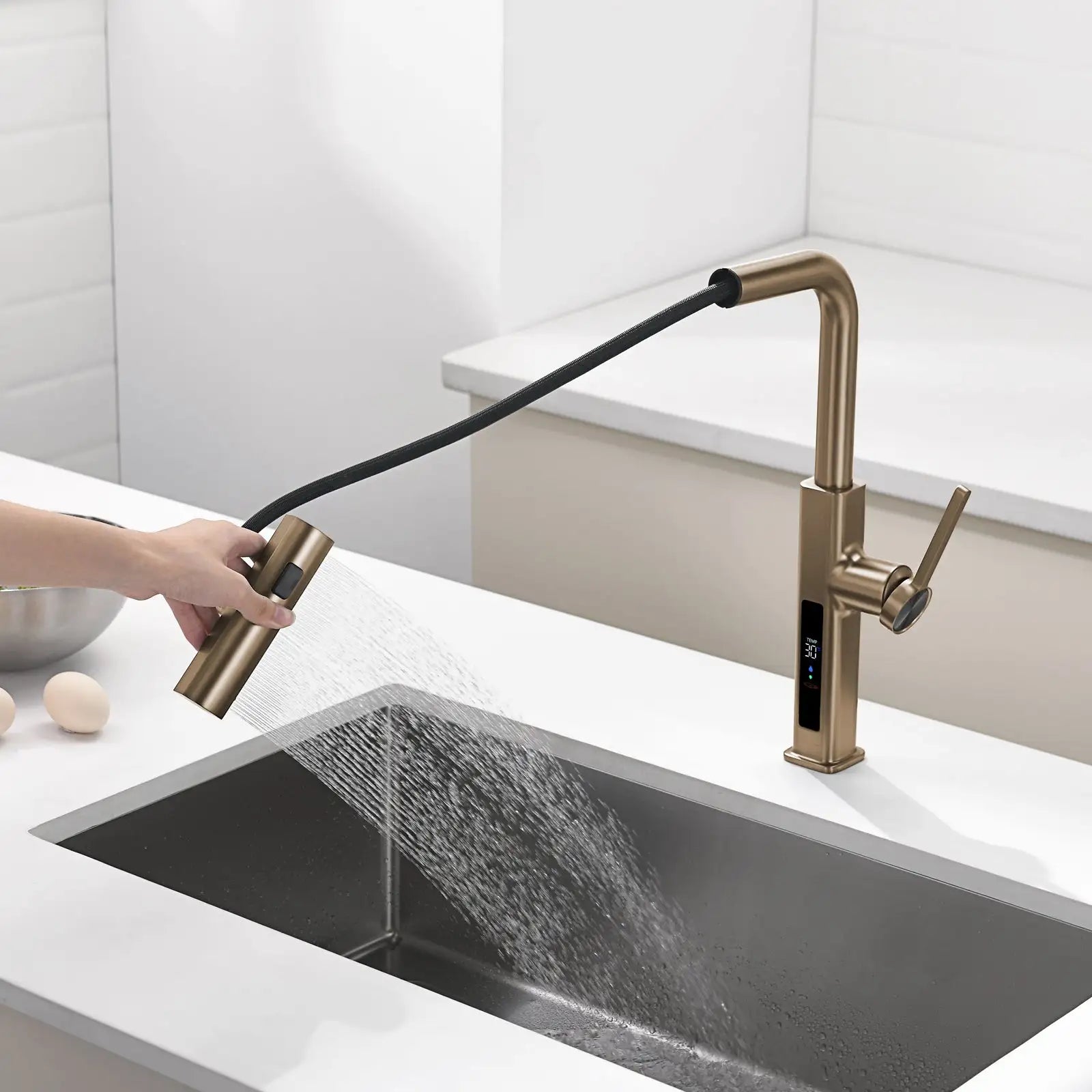 Loraven Temperature Display Kitchen Faucet with Waterfall and Pull-Out Features-KF001
