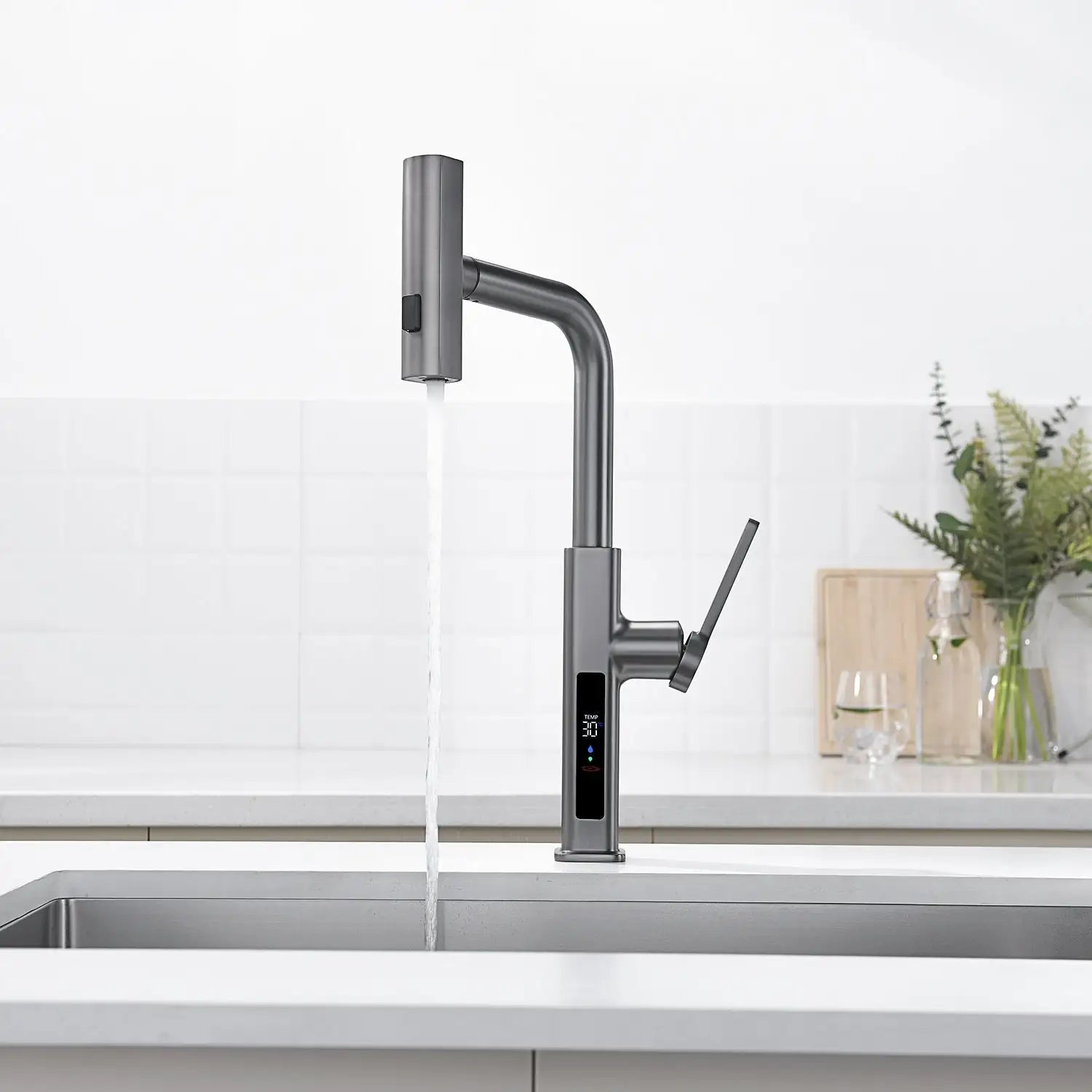 Loraven Temperature Display Kitchen Faucet with Waterfall and Pull-Out Features-KF001