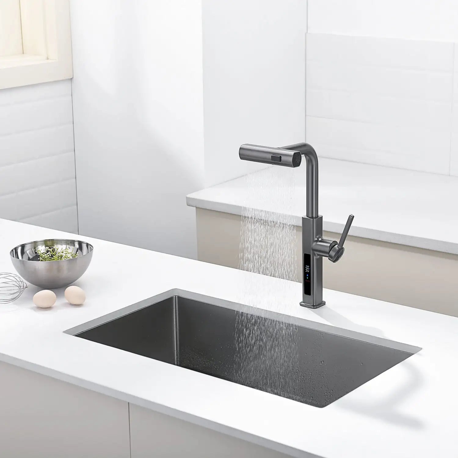 Loraven Temperature Display Kitchen Faucet with Waterfall and Pull-Out Features-KF001