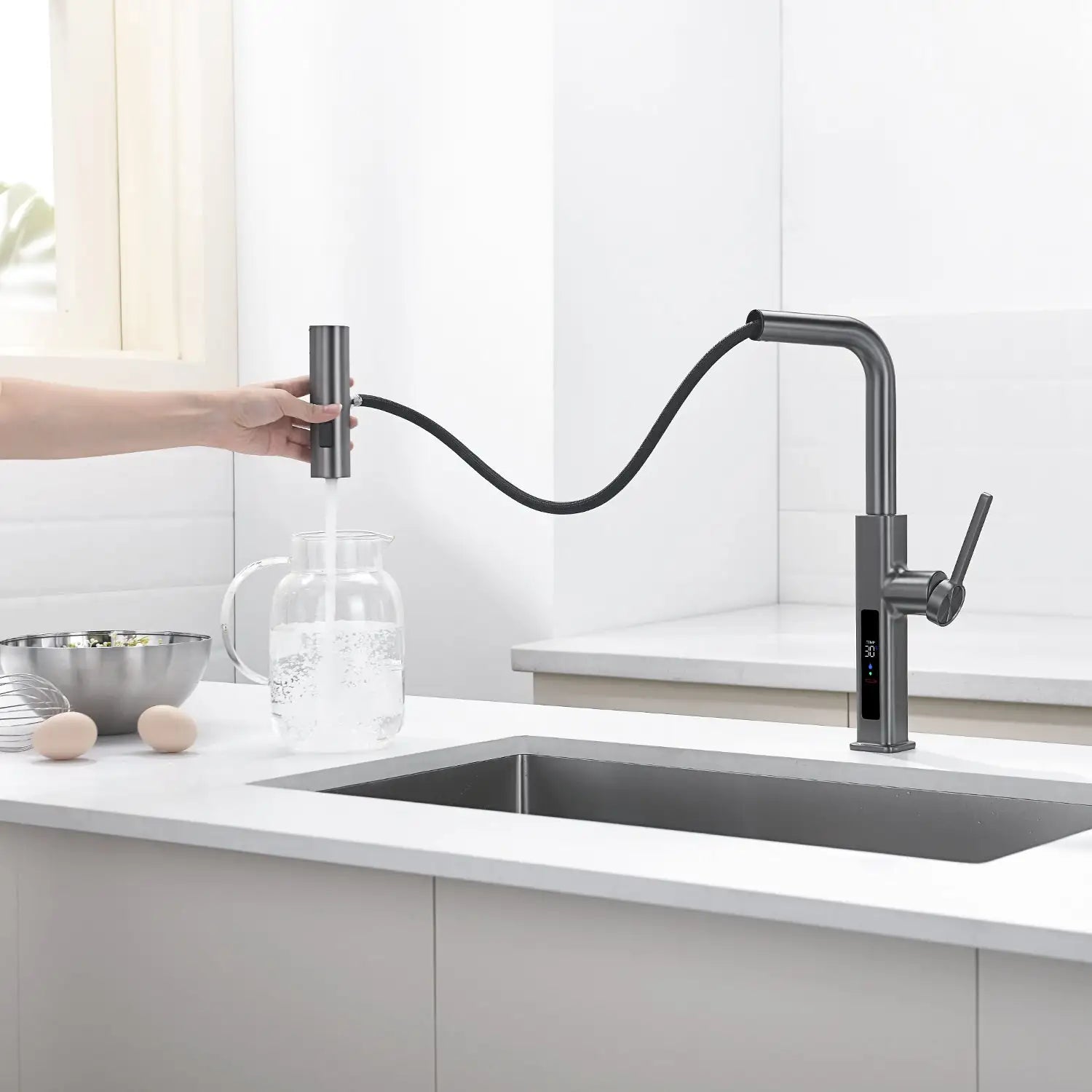 Loraven Temperature Display Kitchen Faucet with Waterfall and Pull-Out Features-KF001