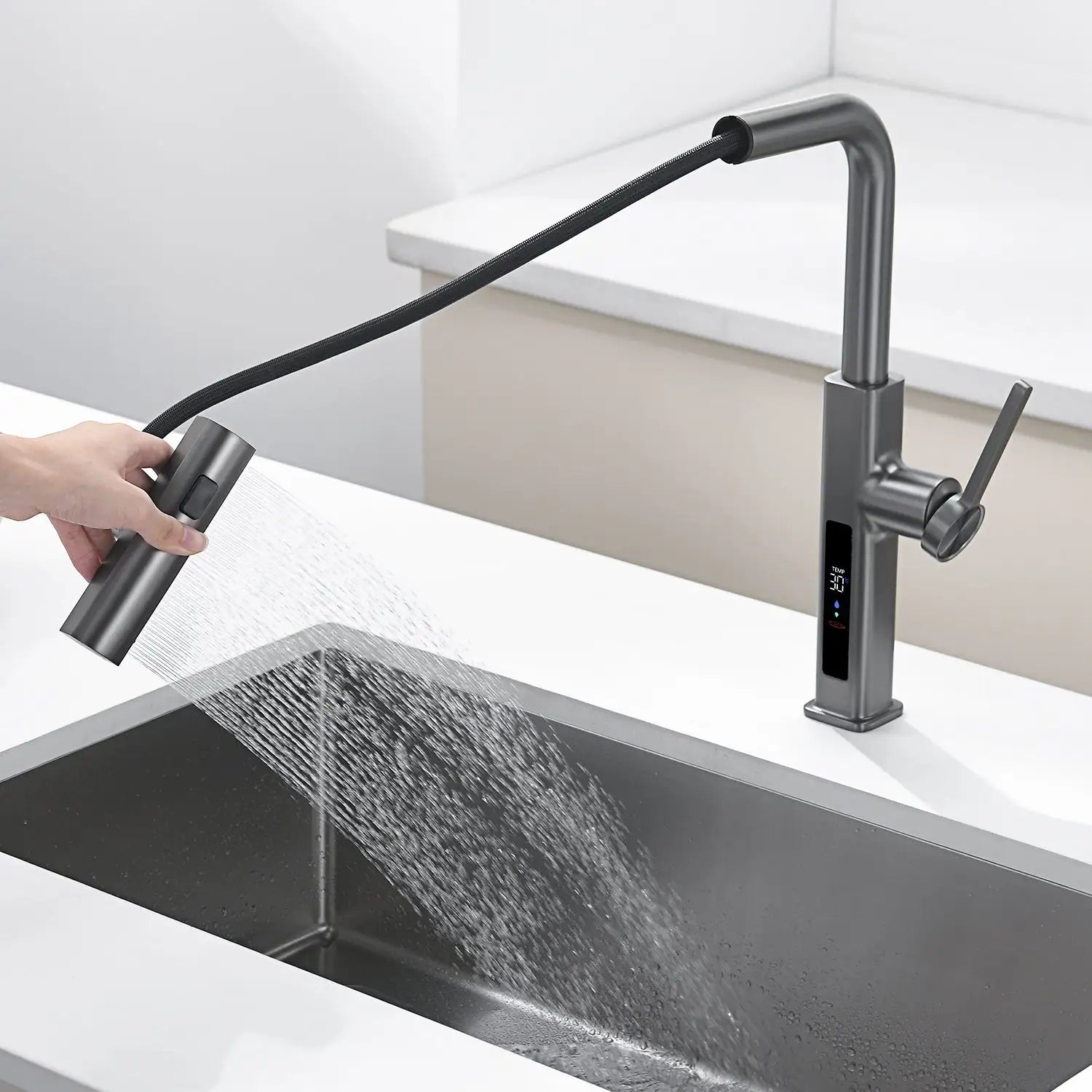 Loraven Temperature Display Kitchen Faucet with Waterfall and Pull-Out Features-KF001