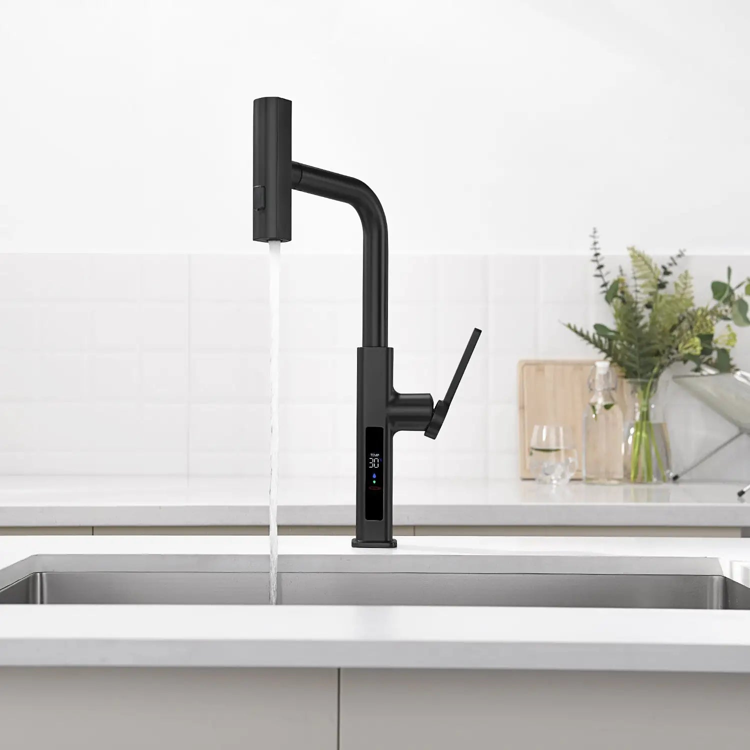 Loraven Temperature Display Kitchen Faucet with Waterfall and Pull-Out Features-KF001