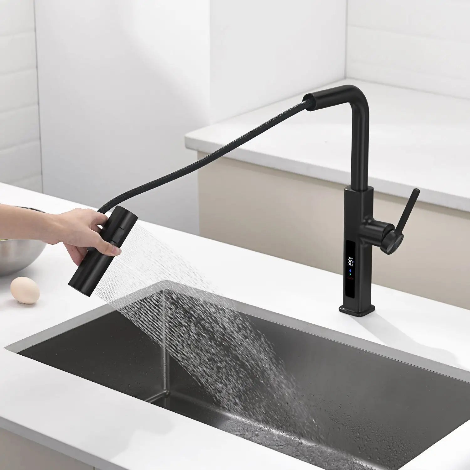 Loraven Temperature Display Kitchen Faucet with Waterfall and Pull-Out Features-KF001