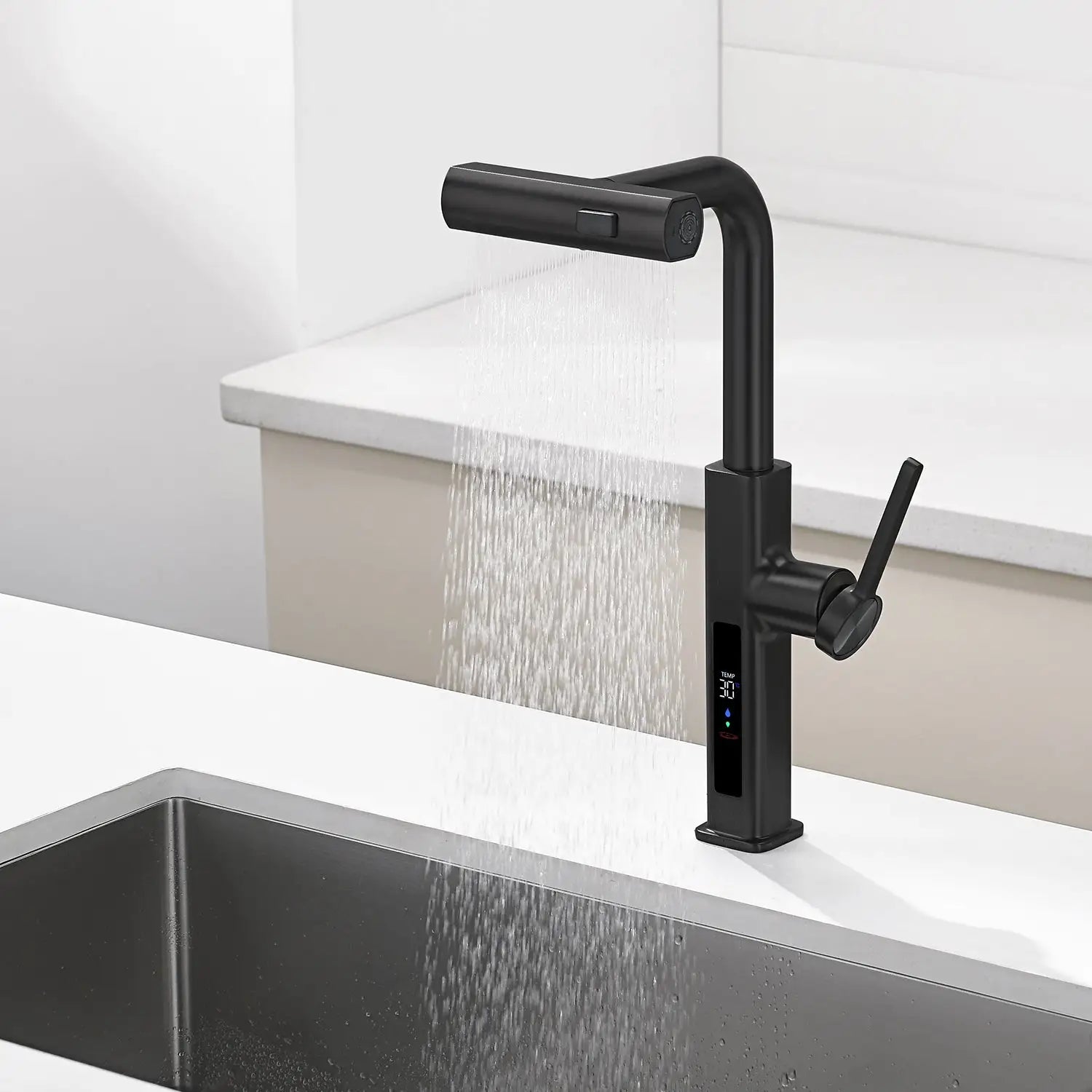Loraven Temperature Display Kitchen Faucet with Waterfall and Pull-Out Features-KF001