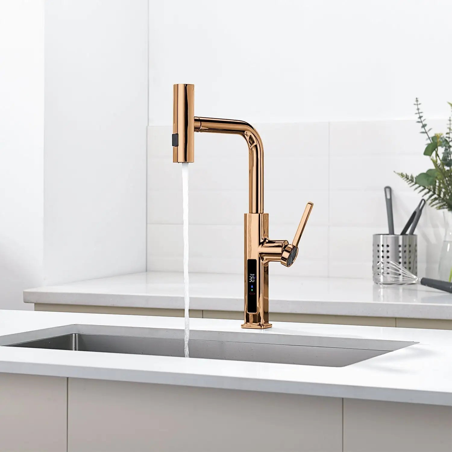 Loraven Temperature Display Kitchen Faucet with Waterfall and Pull-Out Features-KF001