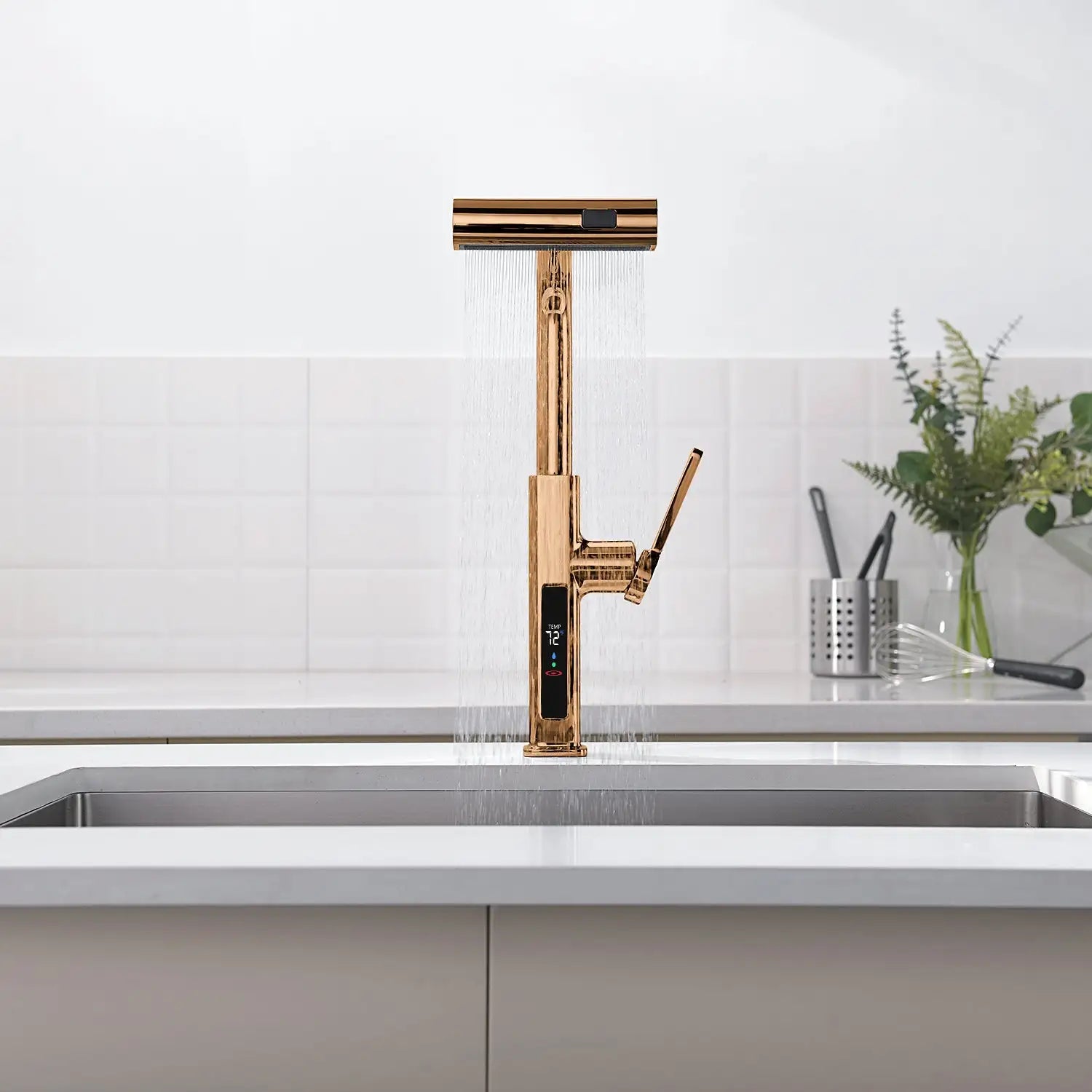 Loraven Temperature Display Kitchen Faucet with Waterfall and Pull-Out Features-KF001