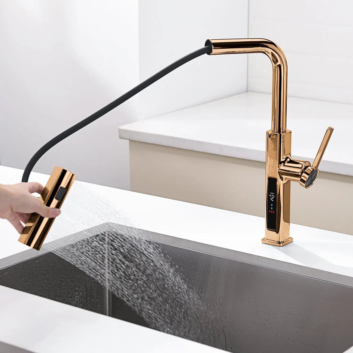Loraven Temperature Display Kitchen Faucet with Waterfall and Pull-Out Features-KF001