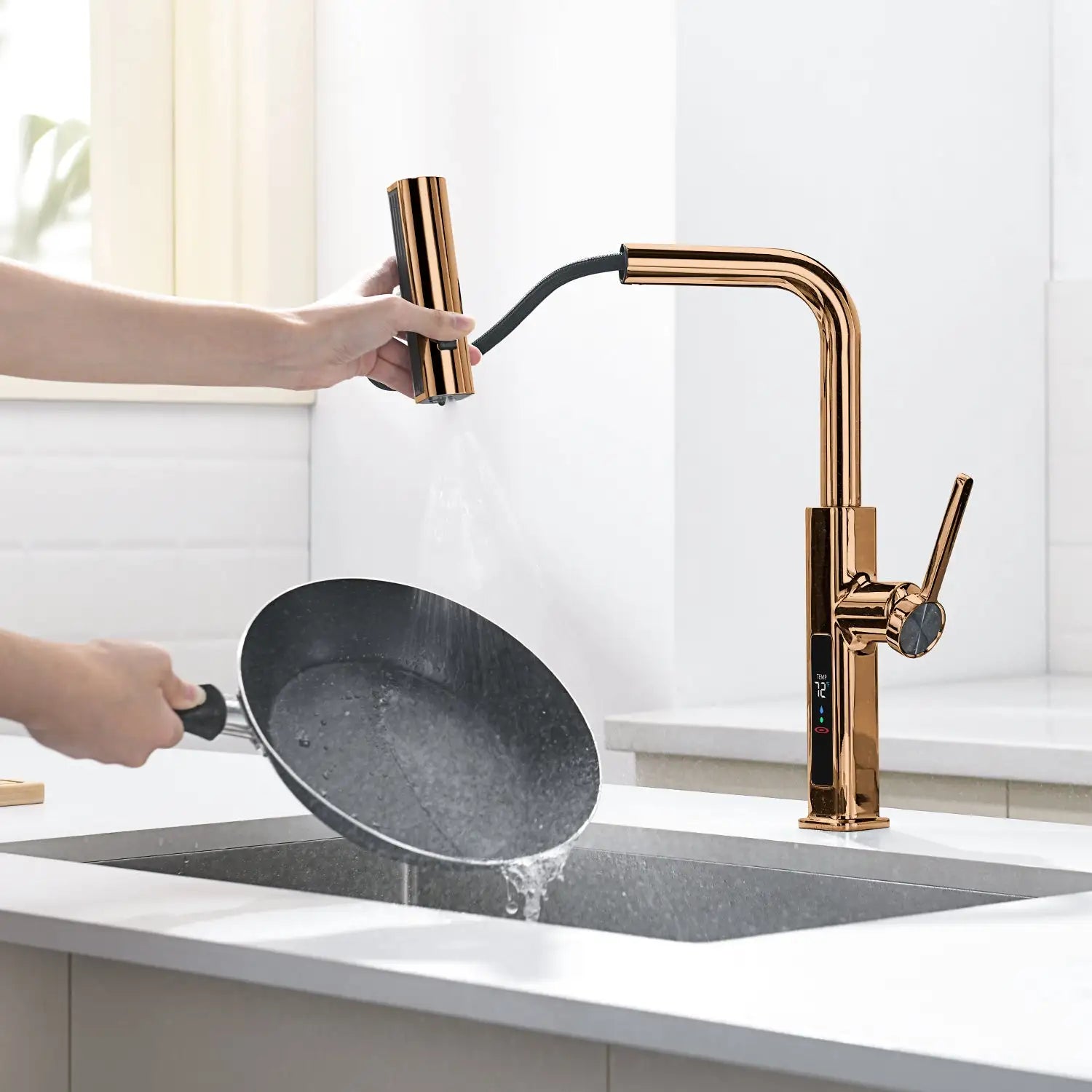 Loraven Temperature Display Kitchen Faucet with Waterfall and Pull-Out Features-KF001