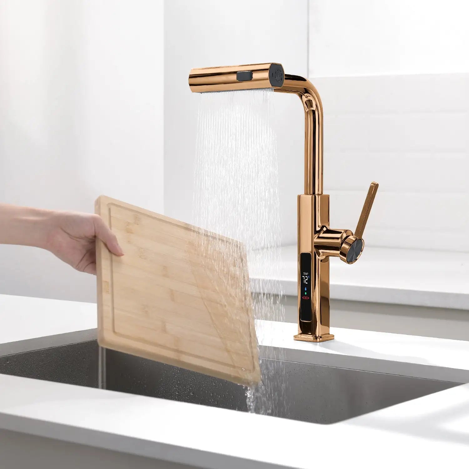 Loraven Temperature Display Kitchen Faucet with Waterfall and Pull-Out Features-KF001